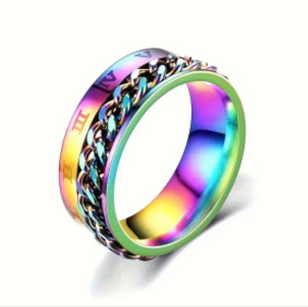 8mm Stainless steel rainbow fidget spinner ring size 7 to 12 other color…